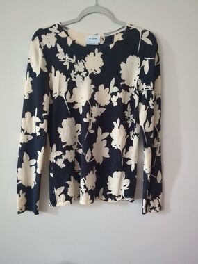 St. John Black & Cream Floral Long-Sleeve Knit Top